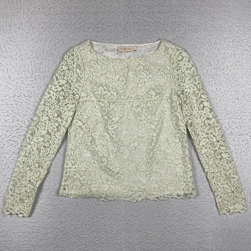 Tory Burch Shirt Womens 0 Julep Green Floral Lace Overlay Blouse Cottagecore Top